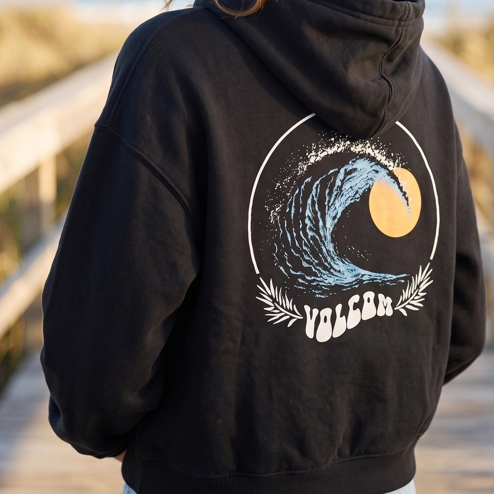 Volcom Black Pullover Crop Hoodie Wave Sun Back Graphic Surf Skater Sweatshirt